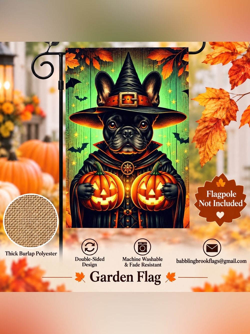 Garden Flag,  Halloween French Bulldog, burlap polyester, double-sided, 12” x 18